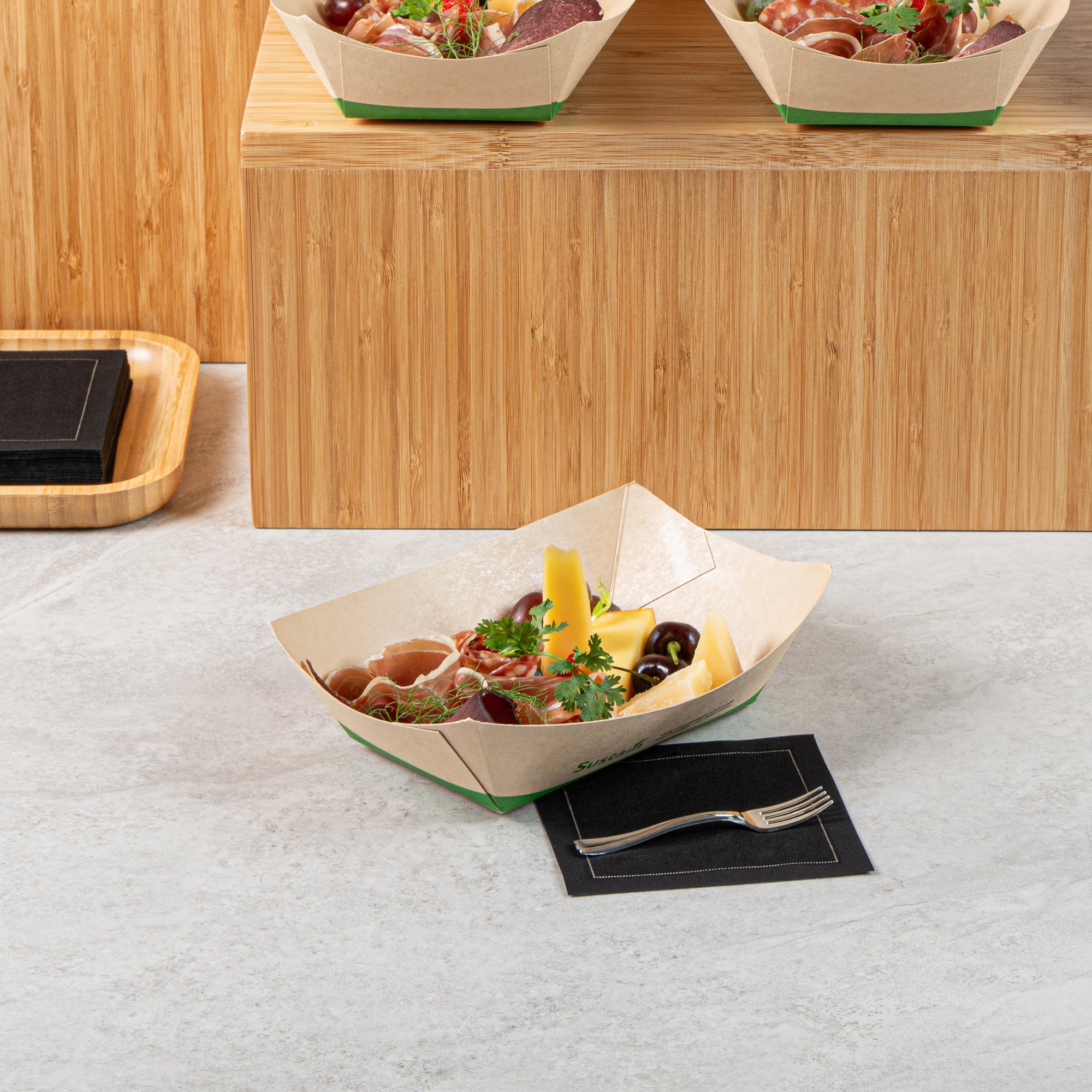 Sustain 1 lb Bamboo Paper #100 Food Tray / Boat - with PLA Lining, Compostable - 5 1/2" x 3 1/2" x 2" - 200 count box