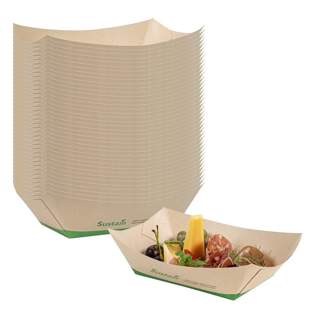 Sustain 1 lb Bamboo Paper #100 Food Tray / Boat - with PLA Lining, Compostable - 5 1/2" x 3 1/2" x 2" - 50 count box