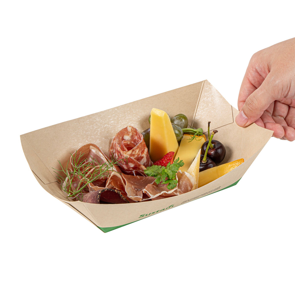 Sustain 1 lb Bamboo Paper #100 Food Tray / Boat - with PLA Lining, Compostable - 5 1/2" x 3 1/2" x 2" - 50 count box