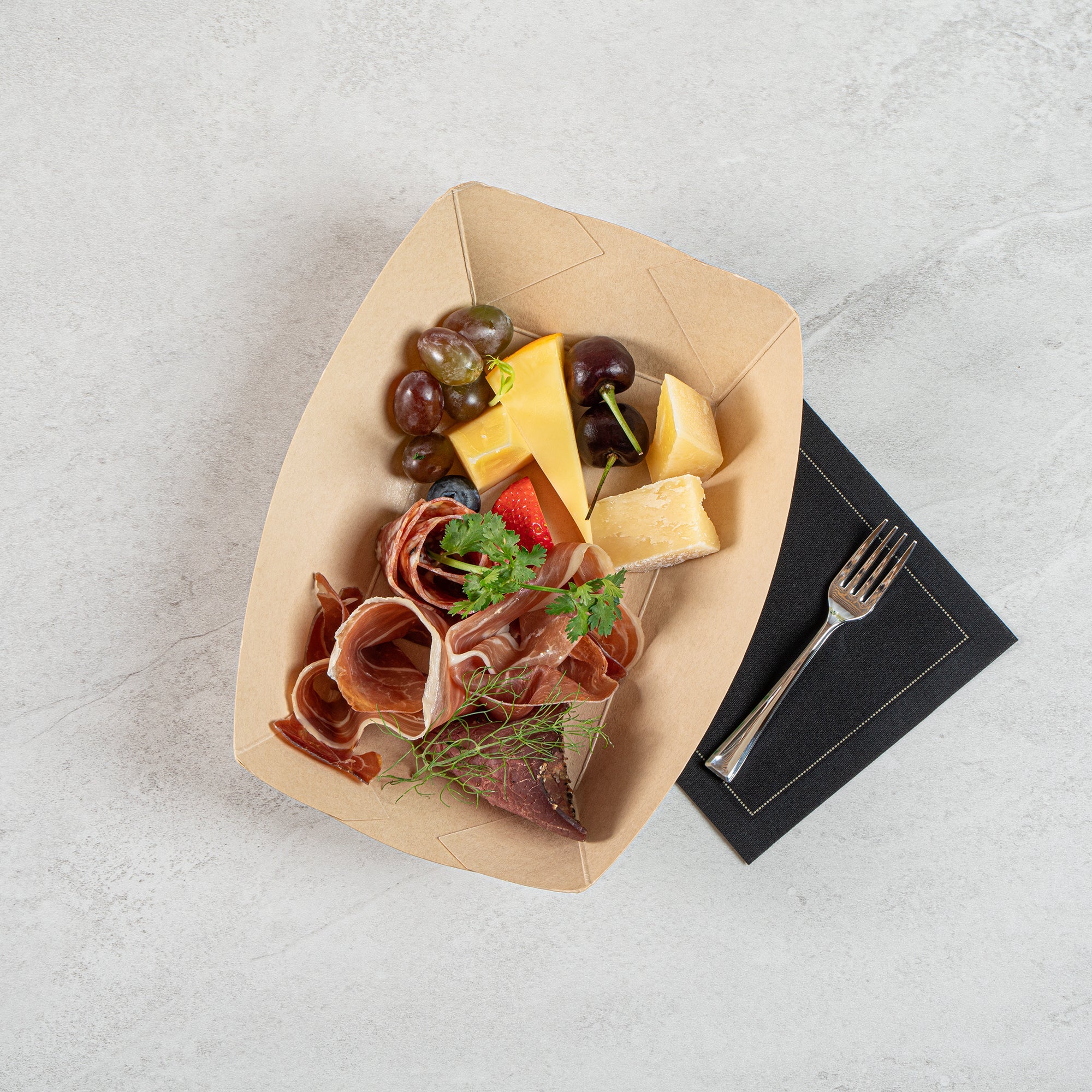 Sustain 1 lb Bamboo Paper #100 Food Tray / Boat - with PLA Lining, Compostable - 5 1/2" x 3 1/2" x 2" - 50 count box