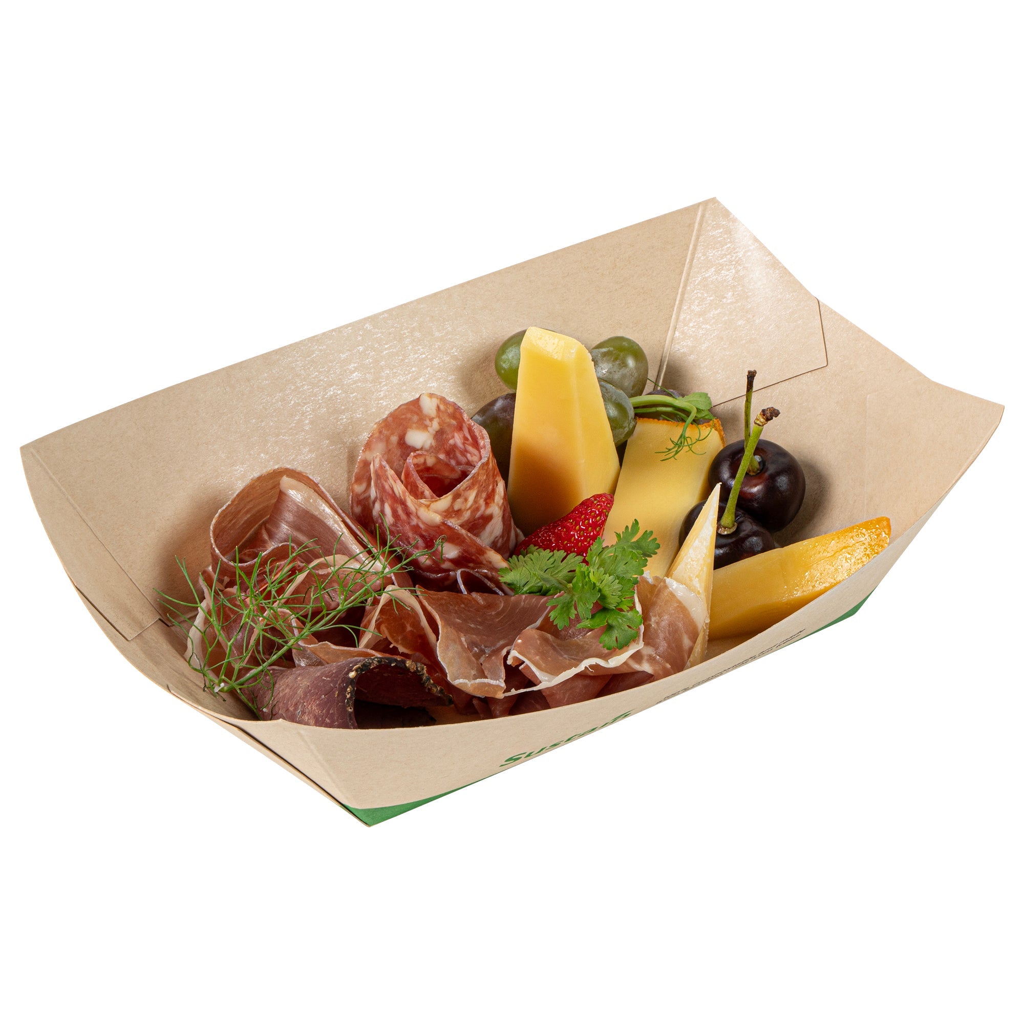 Sustain 1 lb Bamboo Paper #100 Food Tray / Boat - with PLA Lining, Compostable - 5 1/2" x 3 1/2" x 2" - 200 count box