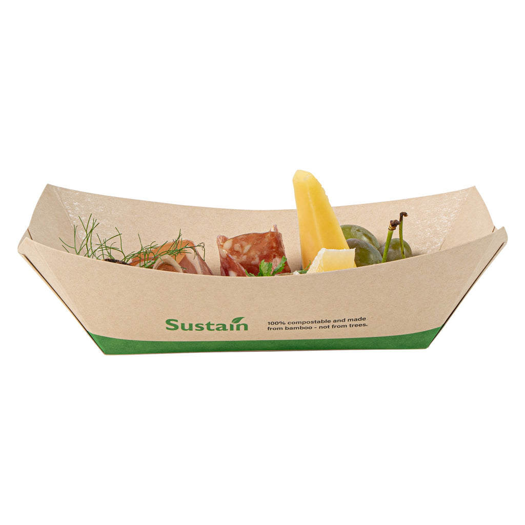 Sustain 1 lb Bamboo Paper #100 Food Tray / Boat - with PLA Lining, Compostable - 5 1/2" x 3 1/2" x 2" - 200 count box