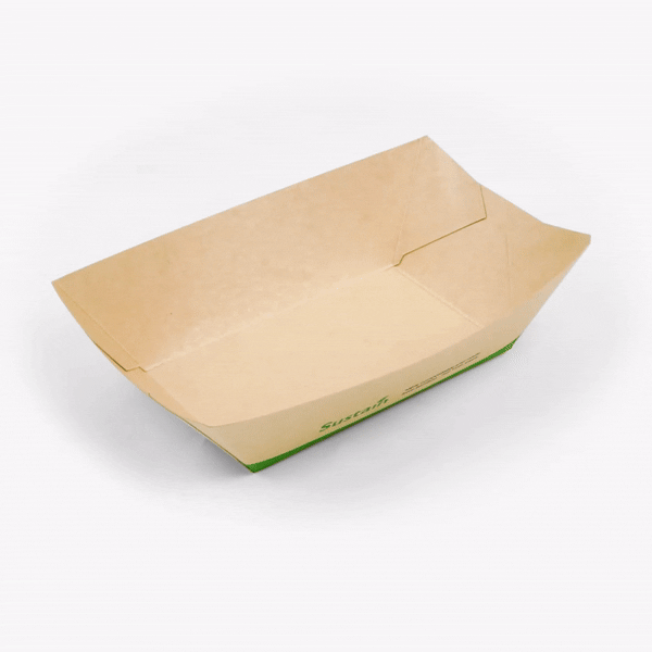 Sustain 1 lb Bamboo Paper #100 Food Tray / Boat - with PLA Lining, Compostable - 5 1/2" x 3 1/2" x 2" - 200 count box