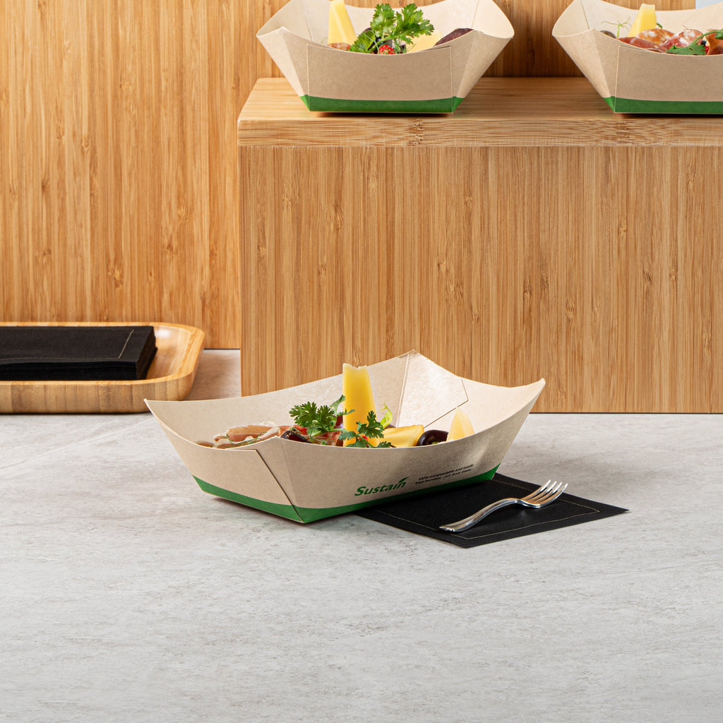 Sustain 1 lb Bamboo Paper #100 Food Tray / Boat - with PLA Lining, Compostable - 5 1/2" x 3 1/2" x 2" - 200 count box