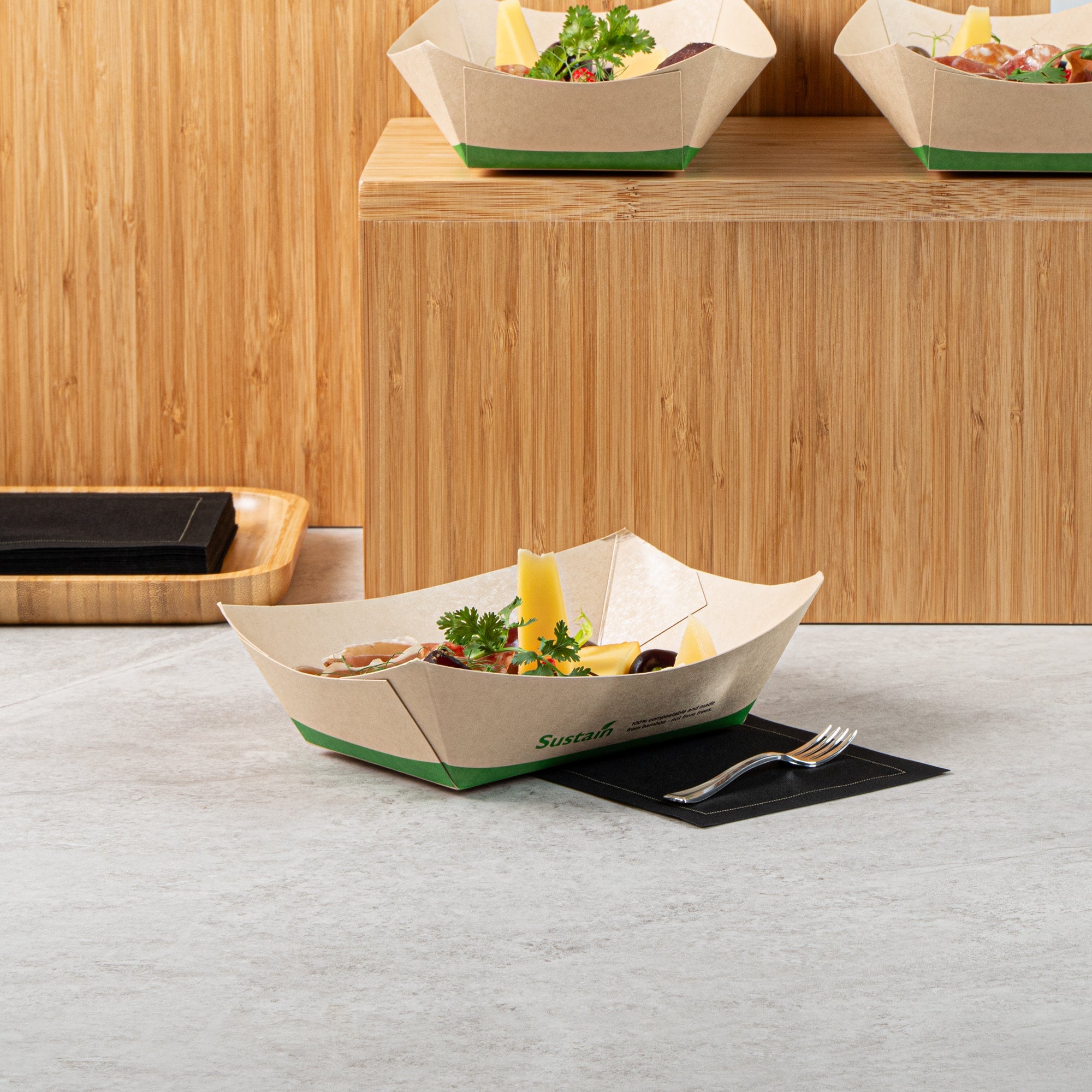 Sustain 1 lb Bamboo Paper #100 Food Tray / Boat - with PLA Lining, Compostable - 5 1/2" x 3 1/2" x 2" - 200 count box