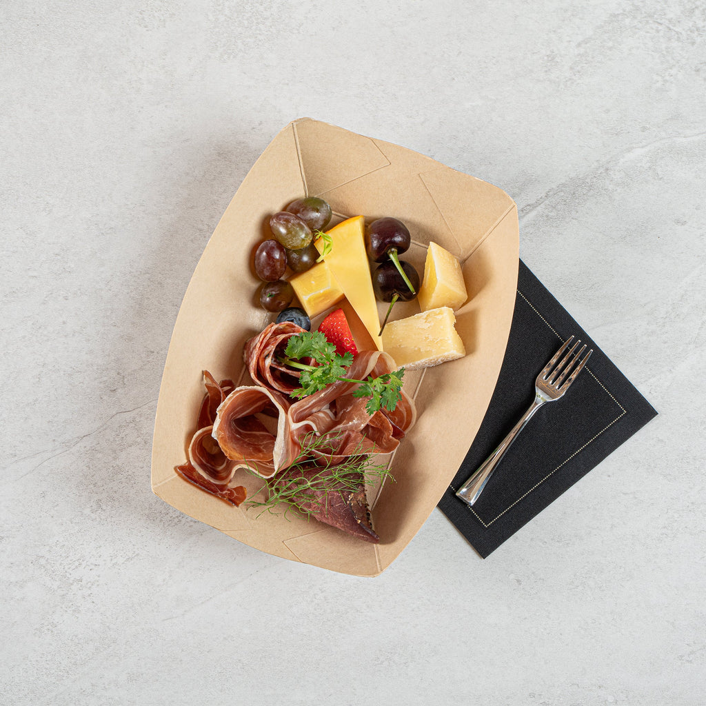 Sustain 1 lb Bamboo Paper #100 Food Tray / Boat - with PLA Lining, Compostable - 5 1/2" x 3 1/2" x 2" - 200 count box