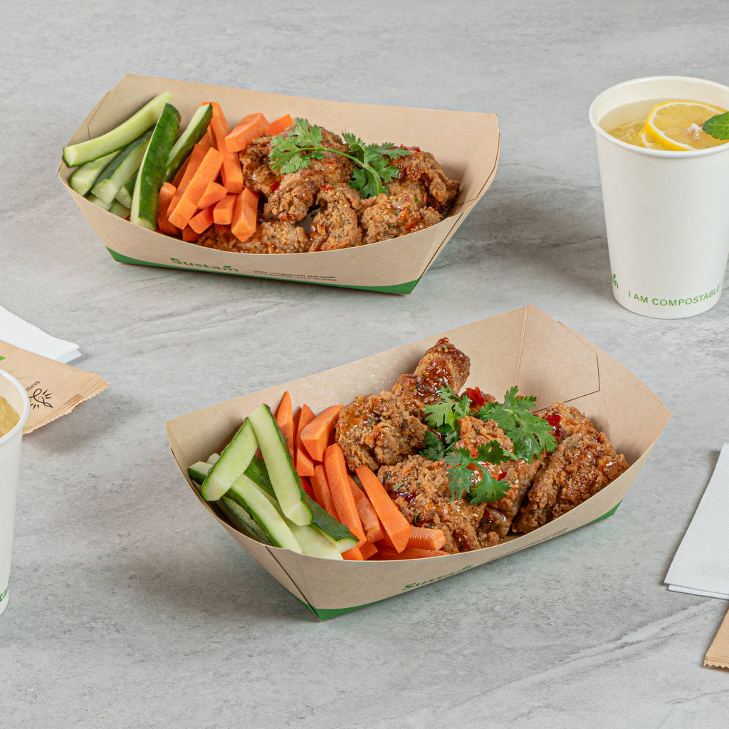 Sustain 2 lb Bamboo Paper #200 Food Tray / Boat - with PLA Lining, Compostable - 6 1/2" x 3 3/4" x 2 1/4" - 50 count box