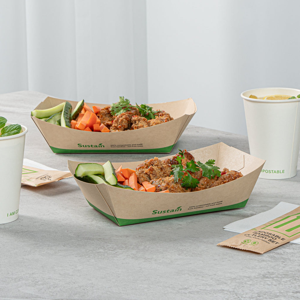 Sustain 2 lb Bamboo Paper #200 Food Tray / Boat - with PLA Lining, Compostable - 6 1/2" x 3 3/4" x 2 1/4" - 50 count box