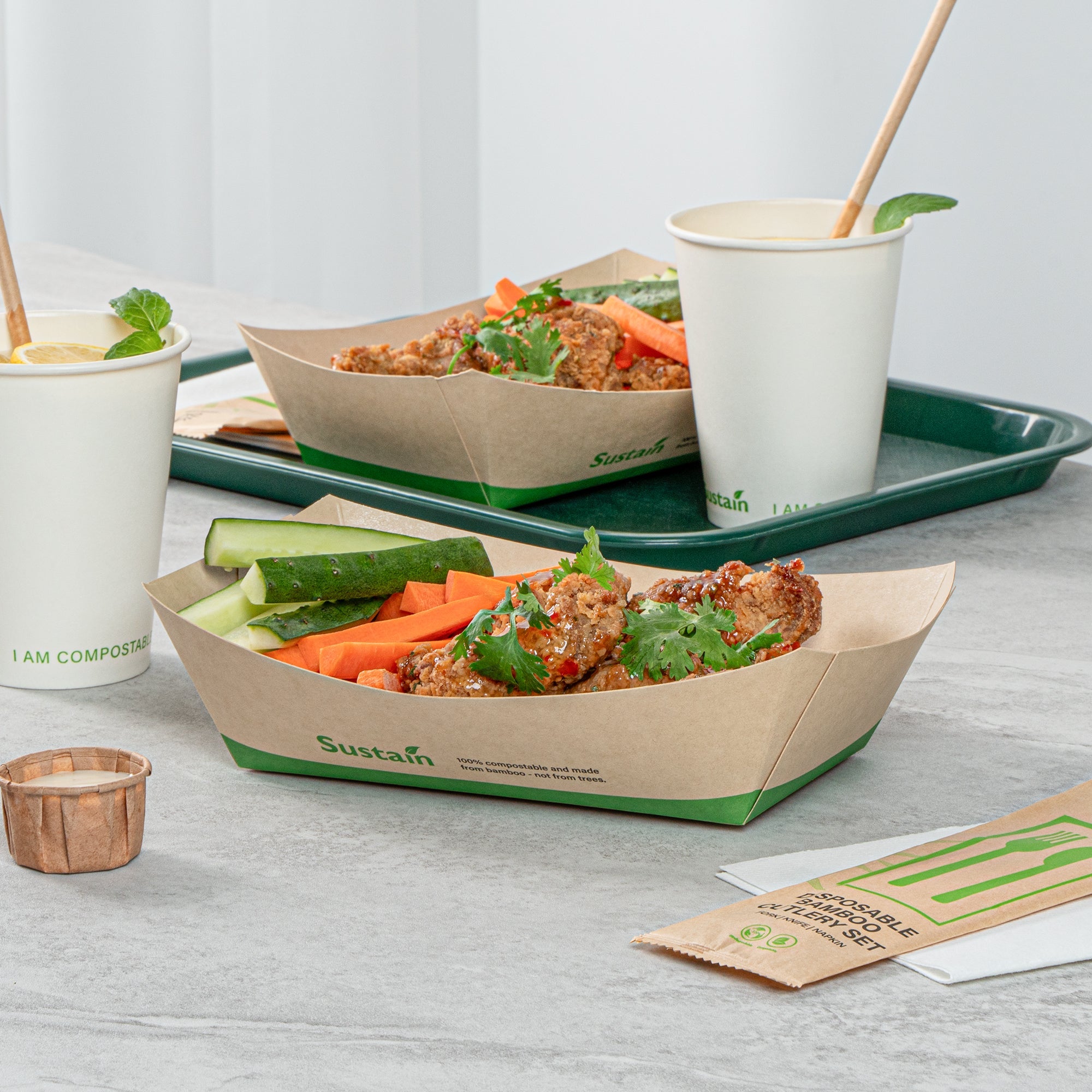 Sustain 2 lb Bamboo Paper #200 Food Tray / Boat - with PLA Lining, Compostable - 6 1/2" x 3 3/4" x 2 1/4" - 50 count box