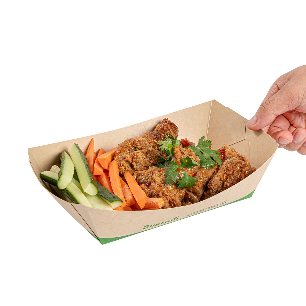 Sustain 2 lb Bamboo Paper #200 Food Tray / Boat - with PLA Lining, Compostable - 6 1/2" x 3 3/4" x 2 1/4" - 200 count box