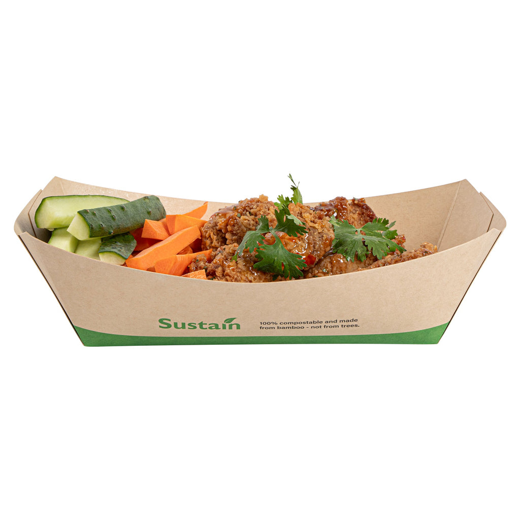 Sustain 2 lb Bamboo Paper #200 Food Tray / Boat - with PLA Lining, Compostable - 6 1/2" x 3 3/4" x 2 1/4" - 200 count box