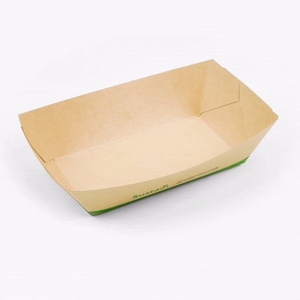 Sustain 2 lb Bamboo Paper #200 Food Tray / Boat - with PLA Lining, Compostable - 6 1/2" x 3 3/4" x 2 1/4" - 200 count box