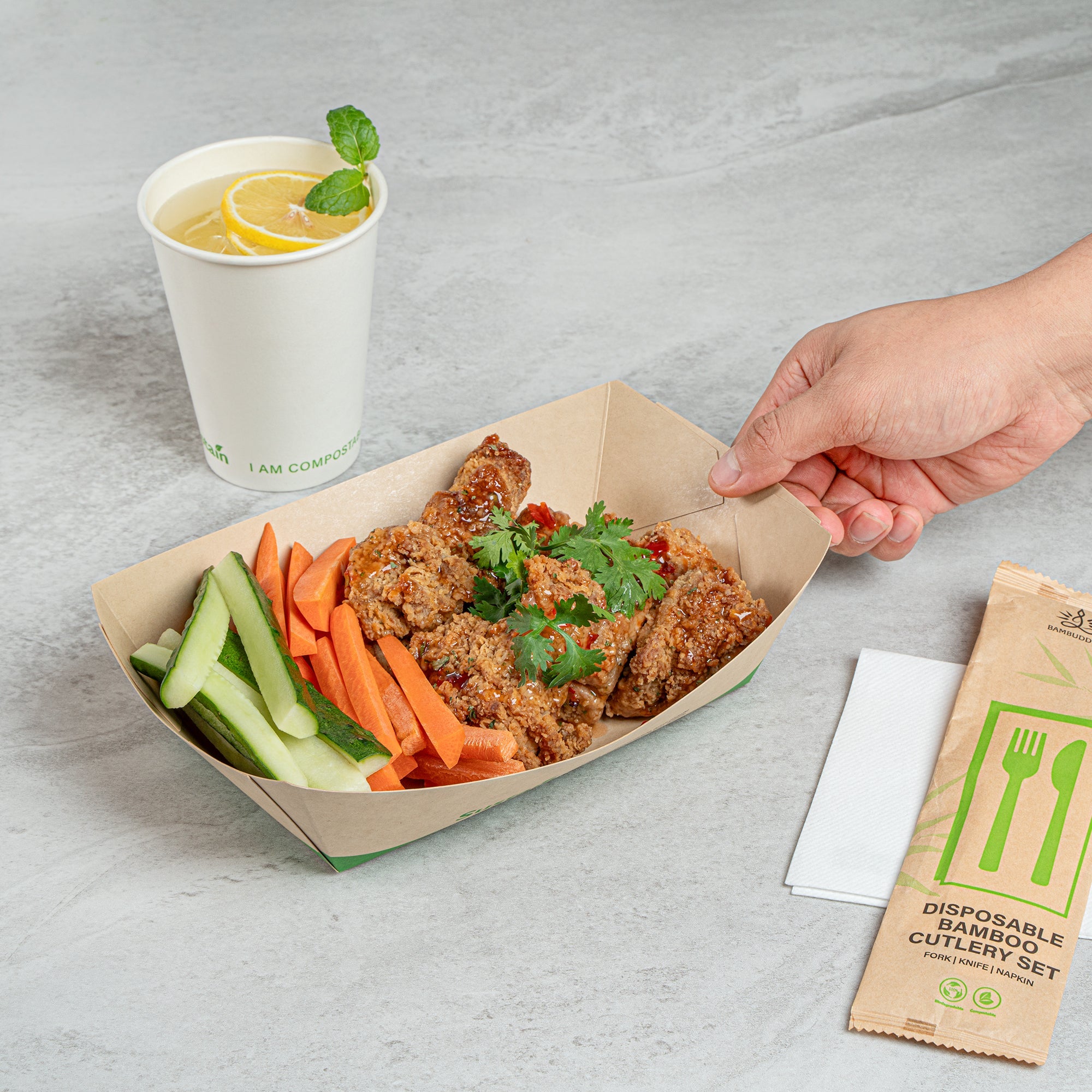 Sustain 2 lb Bamboo Paper #200 Food Tray / Boat - with PLA Lining, Compostable - 6 1/2" x 3 3/4" x 2 1/4" - 200 count box