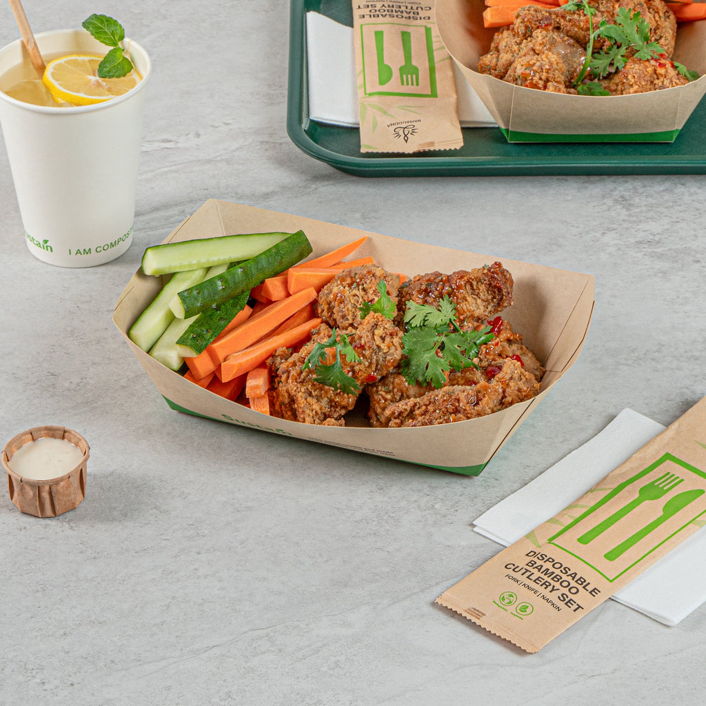 Sustain 2 lb Bamboo Paper #200 Food Tray / Boat - with PLA Lining, Compostable - 6 1/2" x 3 3/4" x 2 1/4" - 200 count box