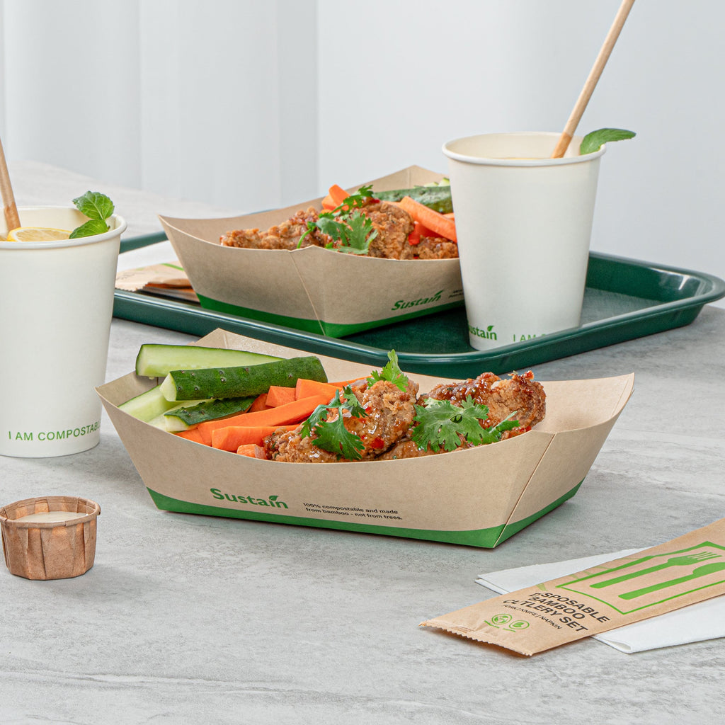 Sustain 2 lb Bamboo Paper #200 Food Tray / Boat - with PLA Lining, Compostable - 6 1/2" x 3 3/4" x 2 1/4" - 200 count box