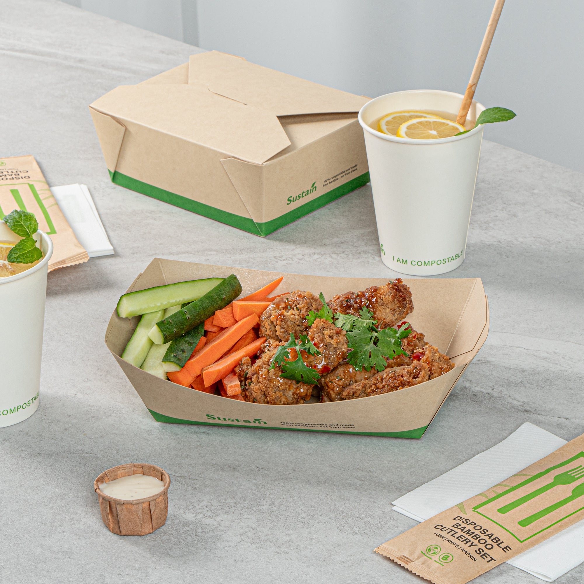 Sustain 2 lb Bamboo Paper #200 Food Tray / Boat - with PLA Lining, Compostable - 6 1/2" x 3 3/4" x 2 1/4" - 200 count box