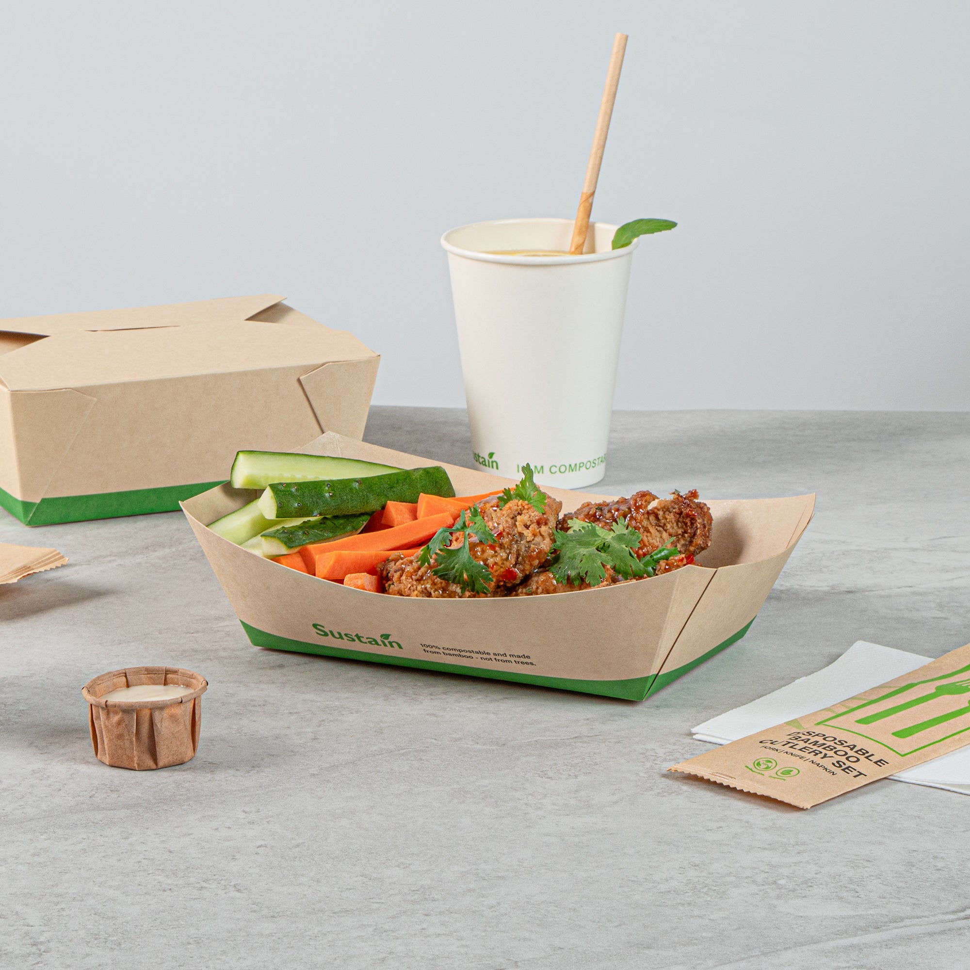 Sustain 2 lb Bamboo Paper #200 Food Tray / Boat - with PLA Lining, Compostable - 6 1/2" x 3 3/4" x 2 1/4" - 200 count box