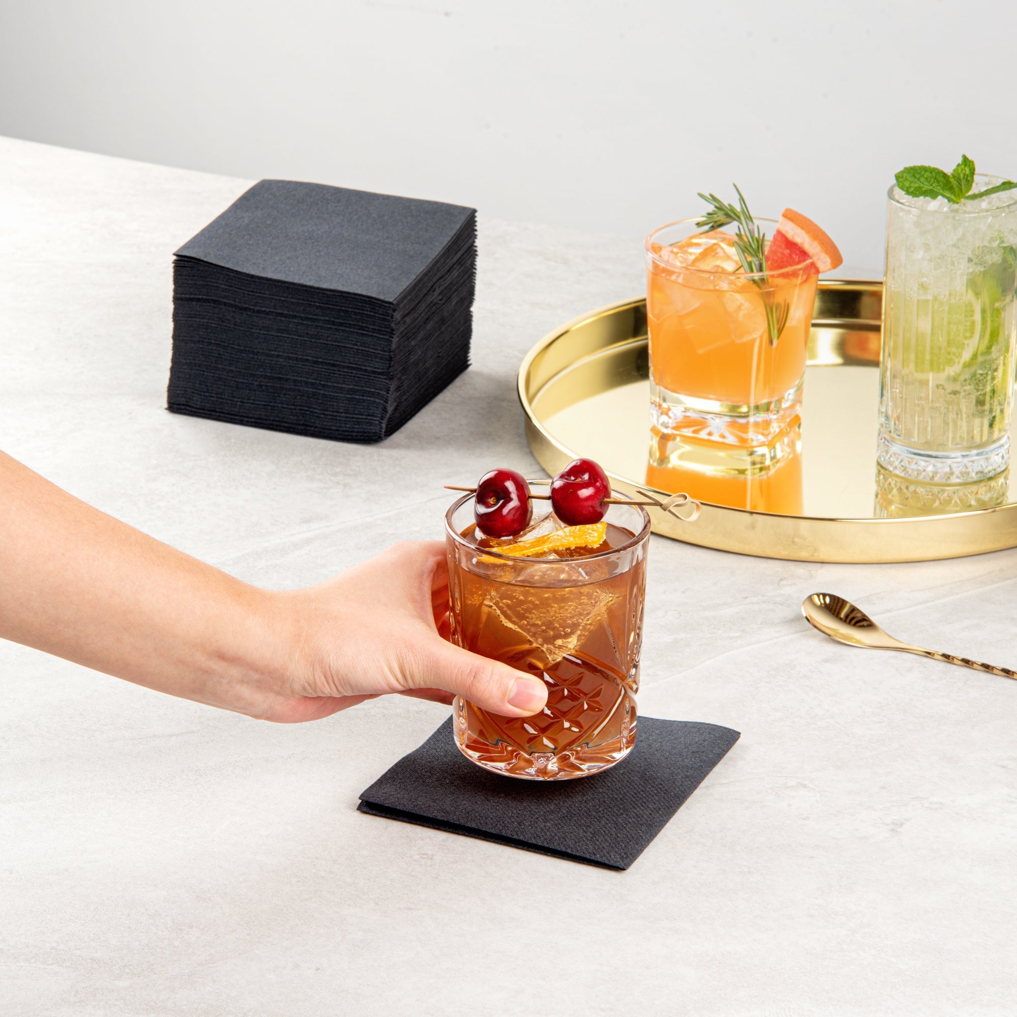 Luxenap Square Black Paper Linen-Feel Cocktail Napkin - Air Laid - 9 1/2" x 9 1/2" - 50 count box