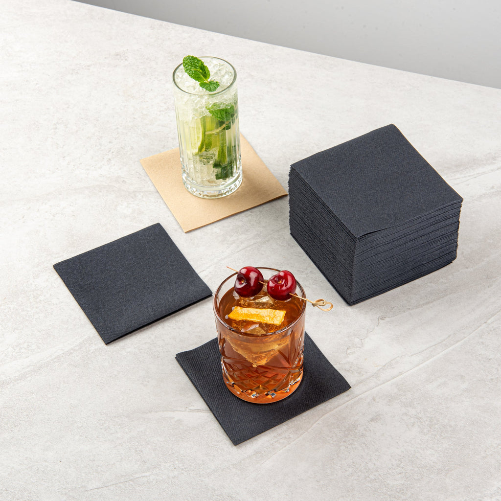 Luxenap Square Black Paper Linen-Feel Cocktail Napkin - Air Laid - 9 1/2" x 9 1/2" - 50 count box