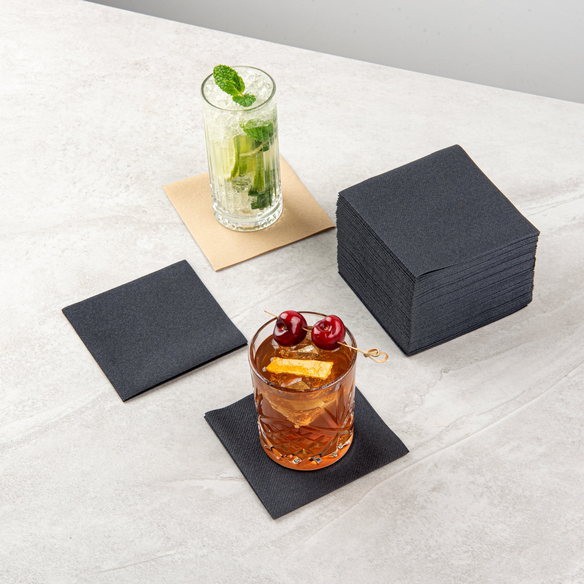 Luxenap Square Black Paper Linen-Feel Cocktail Napkin - Air Laid - 9 1/2" x 9 1/2" - 50 count box