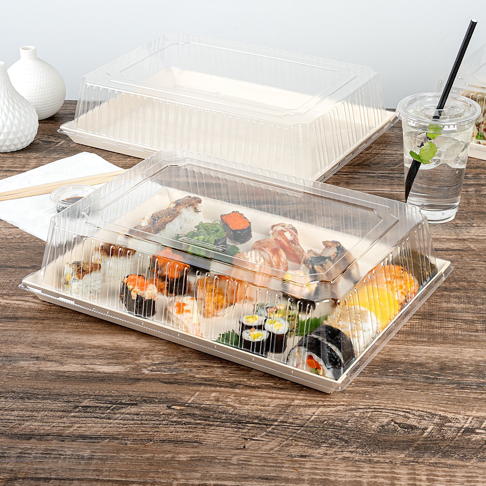 Taipei Rectangle Clear Plastic Lid - Fits 15 1/4" x 10 3/4" Poplar Plate - 25 count box