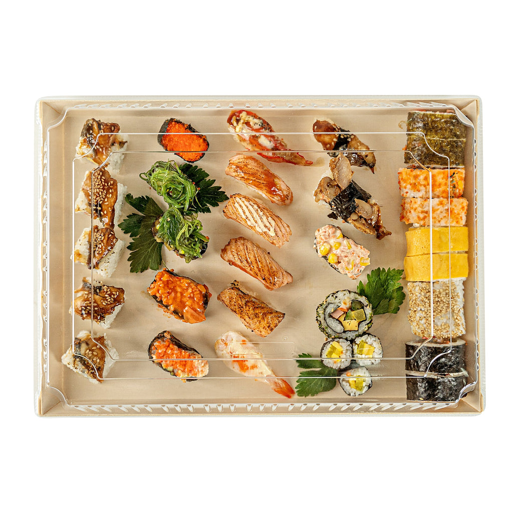 Taipei Rectangle Clear Plastic Lid - Fits 15 1/4" x 10 3/4" Poplar Plate - 25 count box