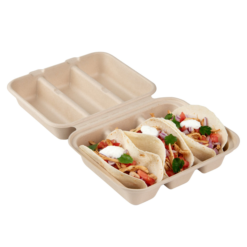 Pulp Safe No PFAS Added Kraft Sugarcane / Bagasse Taco Clamshell Container - Home Compostable, 3-Compartment - 8" x 7 1/4" - 100 count box