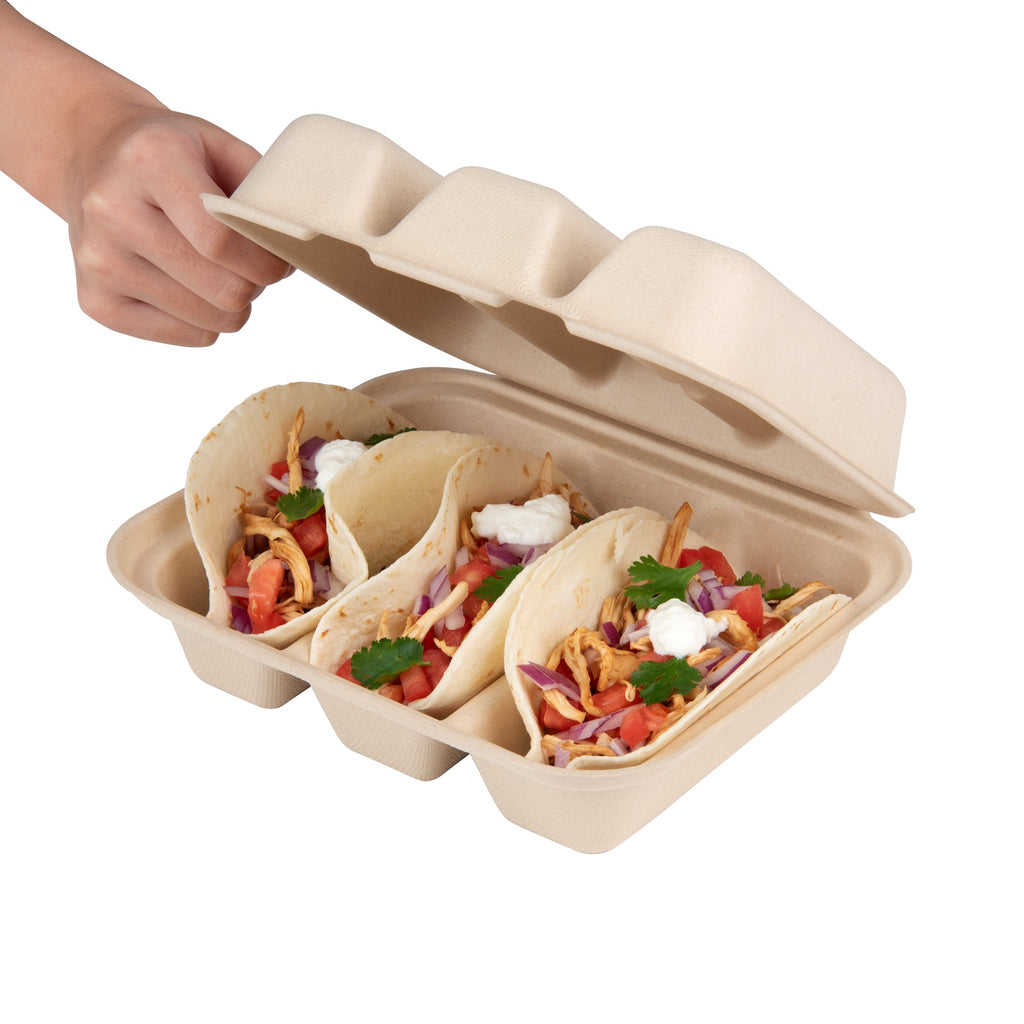 Pulp Safe No PFAS Added Kraft Sugarcane / Bagasse Taco Clamshell Container - Home Compostable, 3-Compartment - 8" x 7 1/4" - 100 count box
