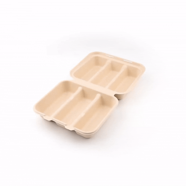 Pulp Safe No PFAS Added Kraft Sugarcane / Bagasse Taco Clamshell Container - Home Compostable, 3-Compartment - 8" x 7 1/4" - 100 count box