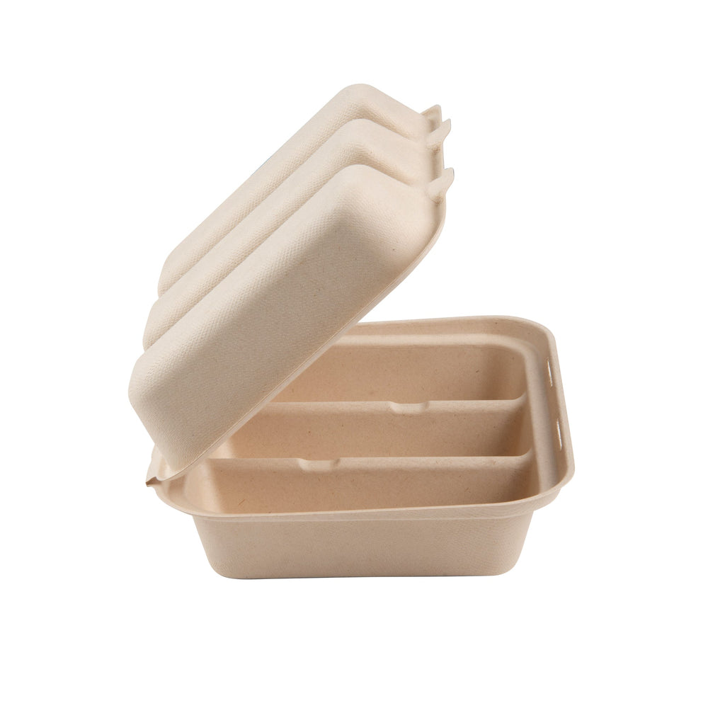 Pulp Safe No PFAS Added Kraft Sugarcane / Bagasse Taco Clamshell Container - Home Compostable, 3-Compartment - 8" x 7 1/4" - 100 count box