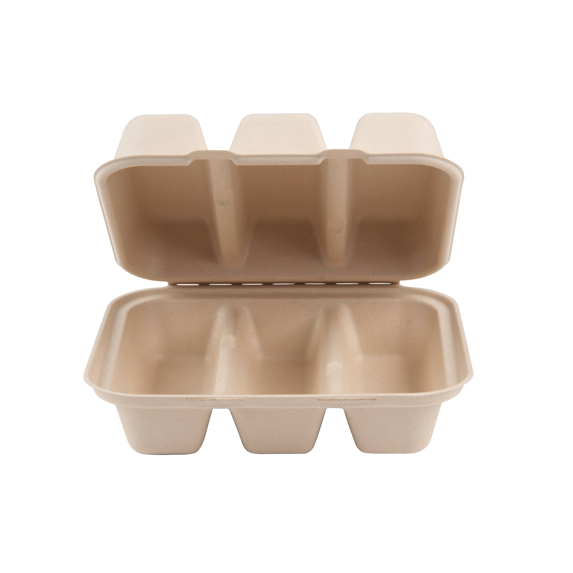 Pulp Safe No PFAS Added Kraft Sugarcane / Bagasse Taco Clamshell Container - Home Compostable, 3-Compartment - 8" x 7 1/4" - 100 count box
