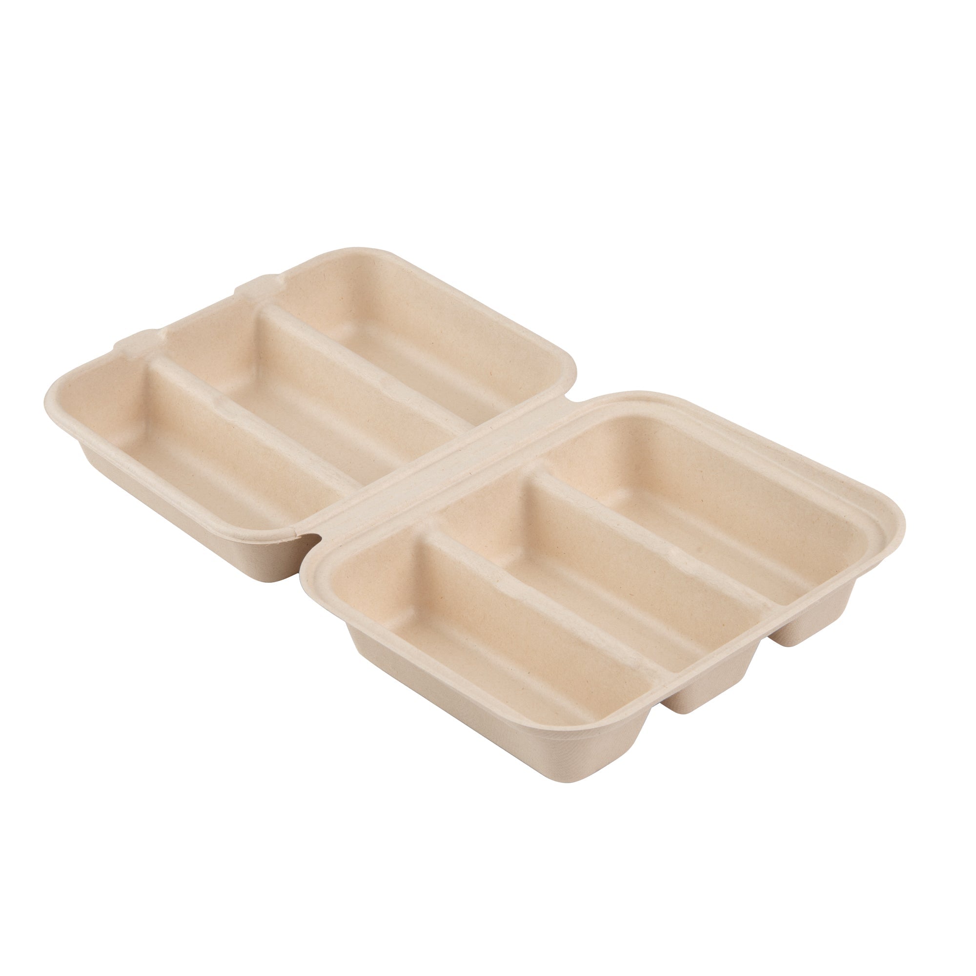 Pulp Safe No PFAS Added Kraft Sugarcane / Bagasse Taco Clamshell Container - Home Compostable, 3-Compartment - 8" x 7 1/4" - 100 count box