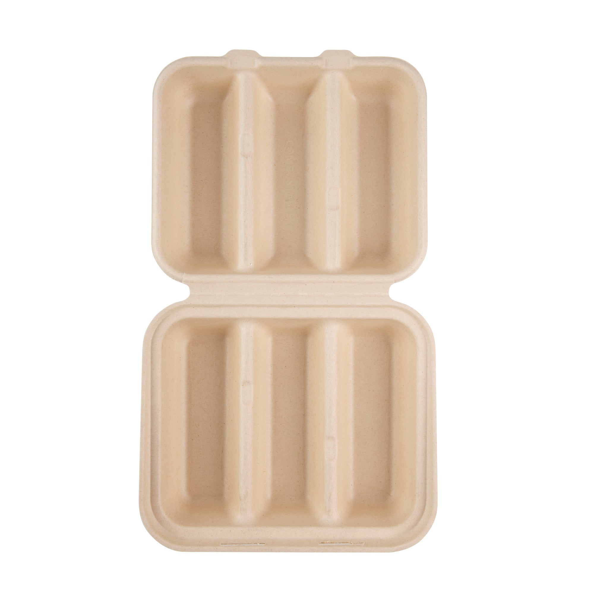 Pulp Safe No PFAS Added Kraft Sugarcane / Bagasse Taco Clamshell Container - Home Compostable, 3-Compartment - 8" x 7 1/4" - 100 count box