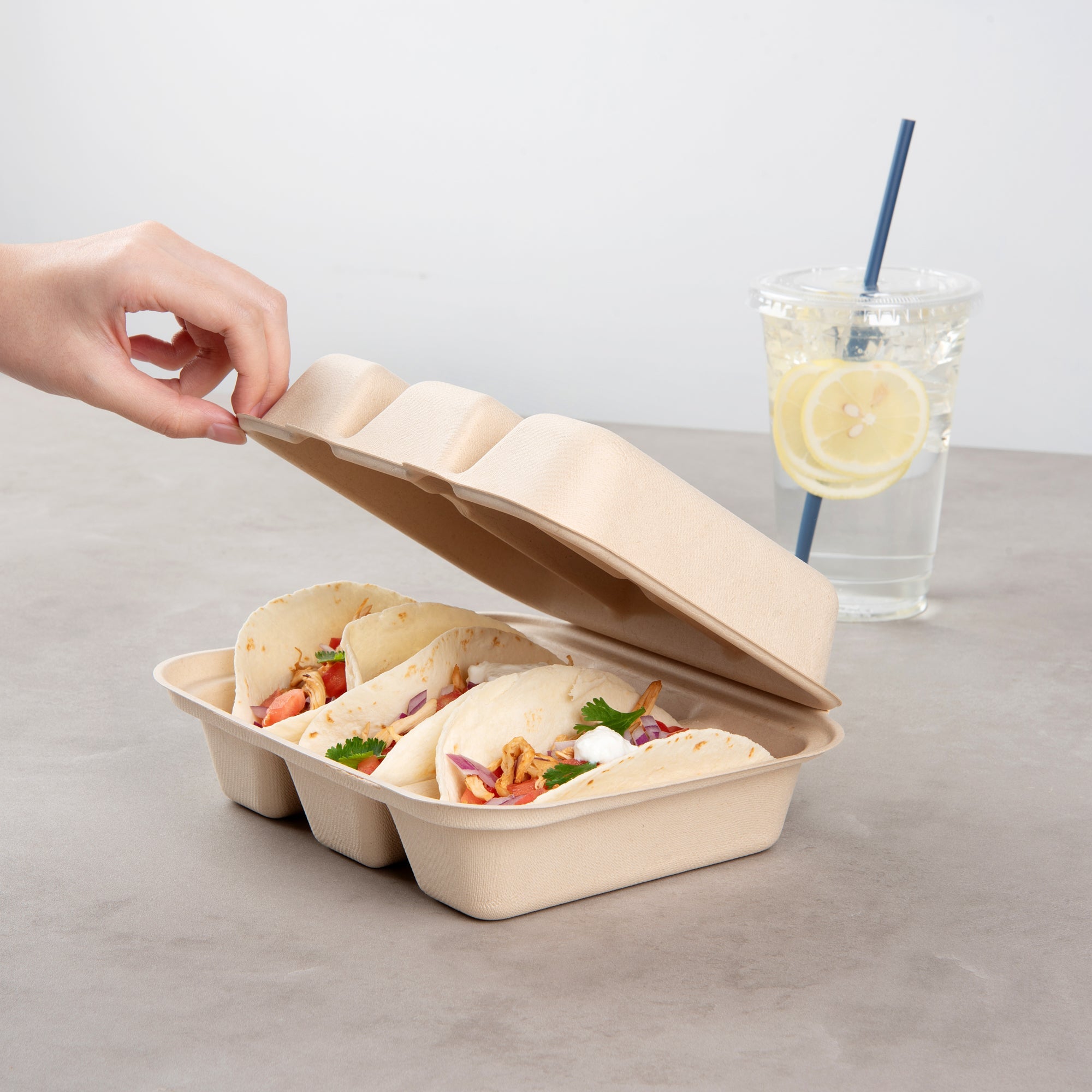 Pulp Safe No PFAS Added Kraft Sugarcane / Bagasse Taco Clamshell Container - Home Compostable, 3-Compartment - 8" x 7 1/4" - 100 count box
