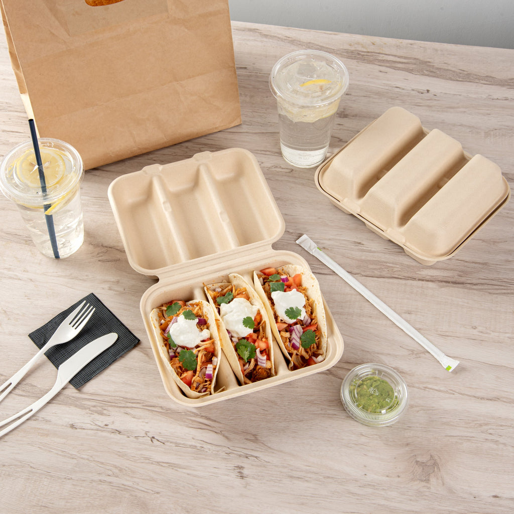 Pulp Safe No PFAS Added Kraft Sugarcane / Bagasse Taco Clamshell Container - Home Compostable, 3-Compartment - 8" x 7 1/4" - 100 count box