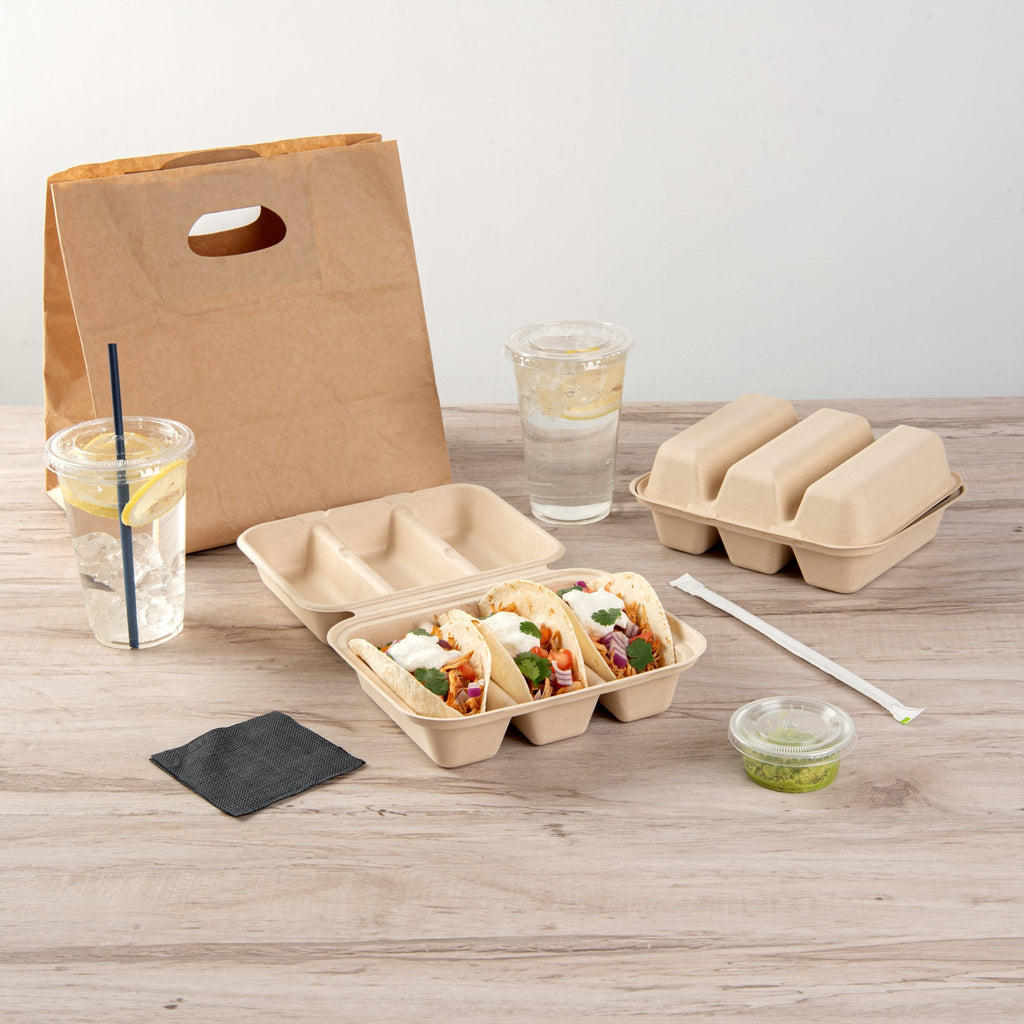Pulp Safe No PFAS Added Kraft Sugarcane / Bagasse Taco Clamshell Container - Home Compostable, 3-Compartment - 8" x 7 1/4" - 100 count box