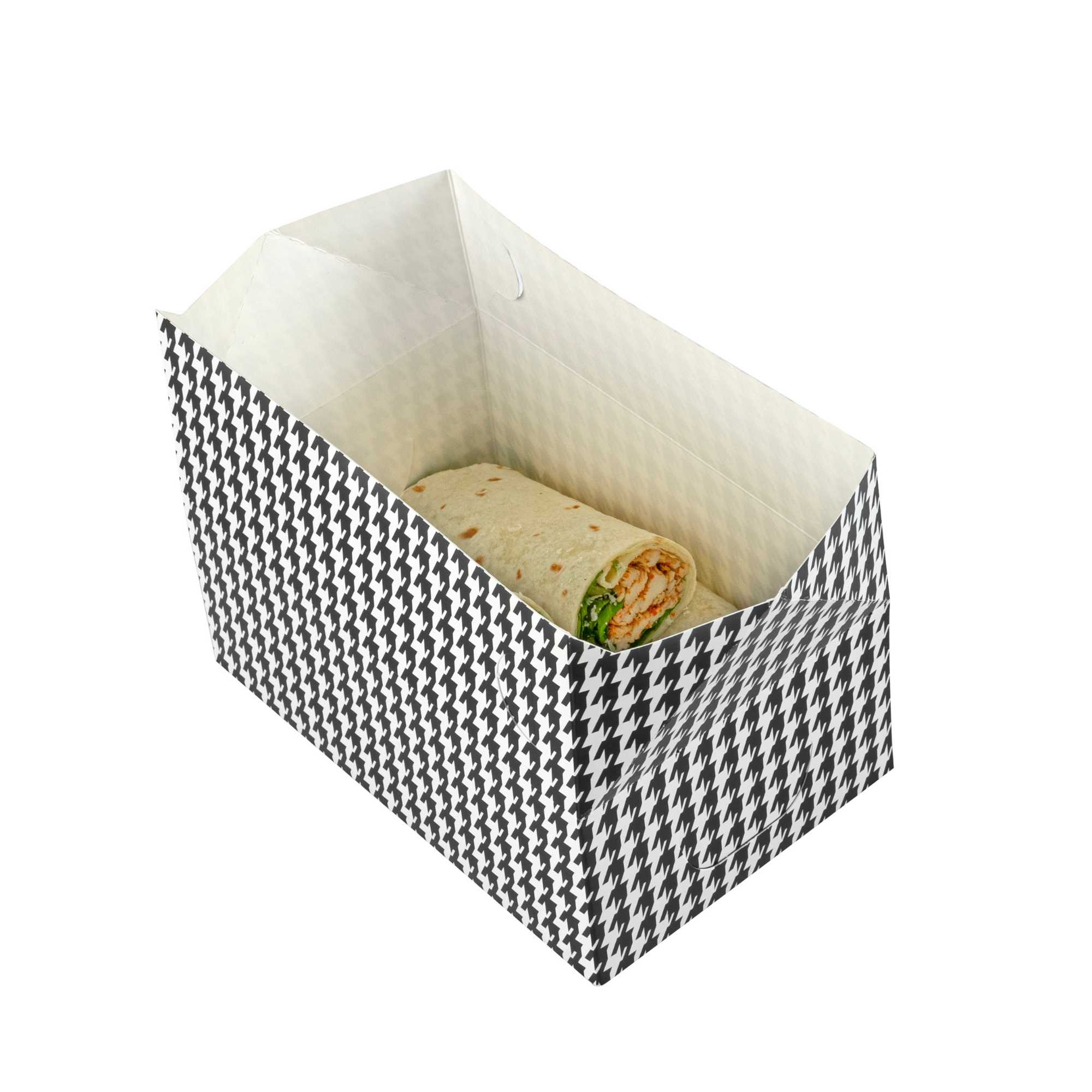 Bio Tek 47 oz Black Houndstooth Paper Lunch / Chicken Box - with Fast Top - 7" x 4 1/2" x 2 3/4" - 100 count box