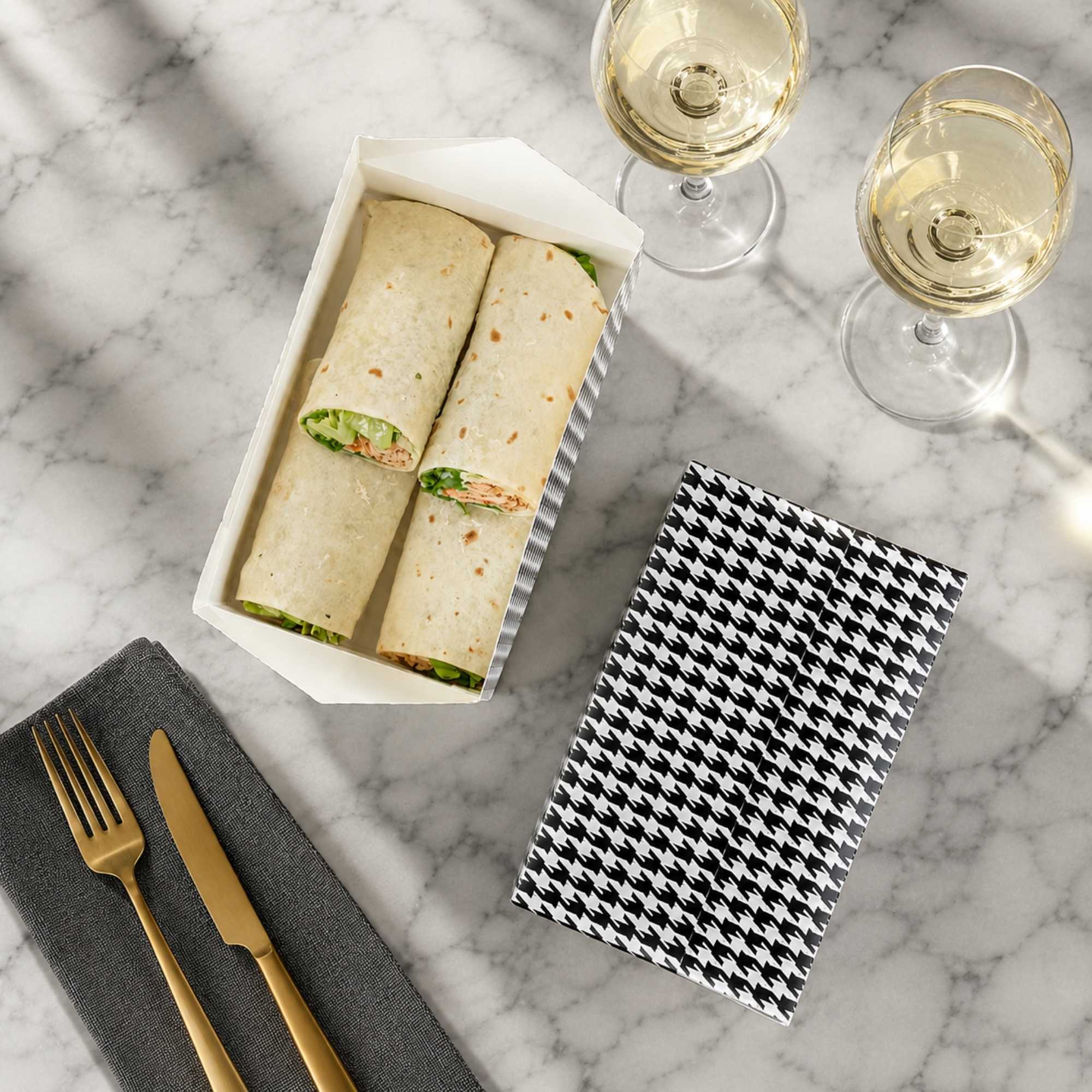 Bio Tek 47 oz Black Houndstooth Paper Lunch / Chicken Box - with Fast Top - 7" x 4 1/2" x 2 3/4" - 400 count box
