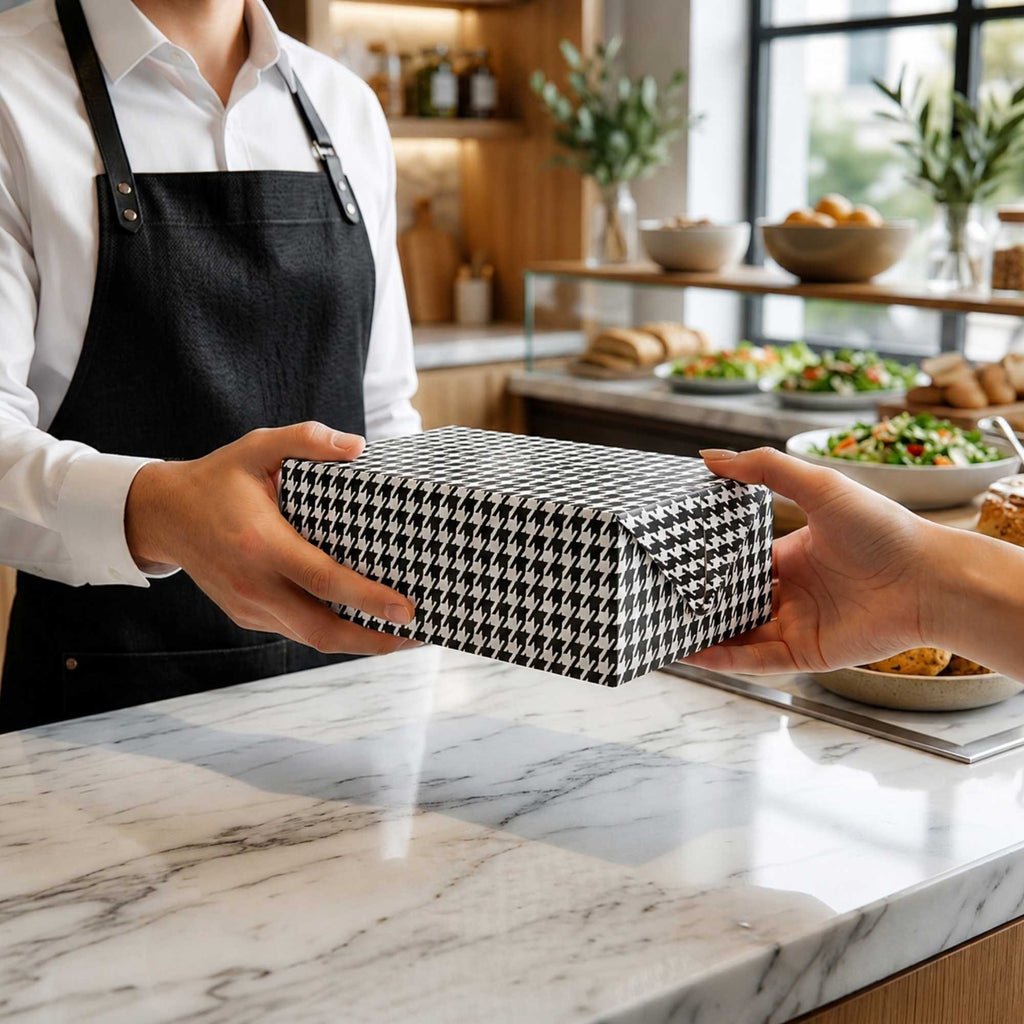 Bio Tek 47 oz Black Houndstooth Paper Lunch / Chicken Box - with Fast Top - 7" x 4 1/2" x 2 3/4" - 400 count box