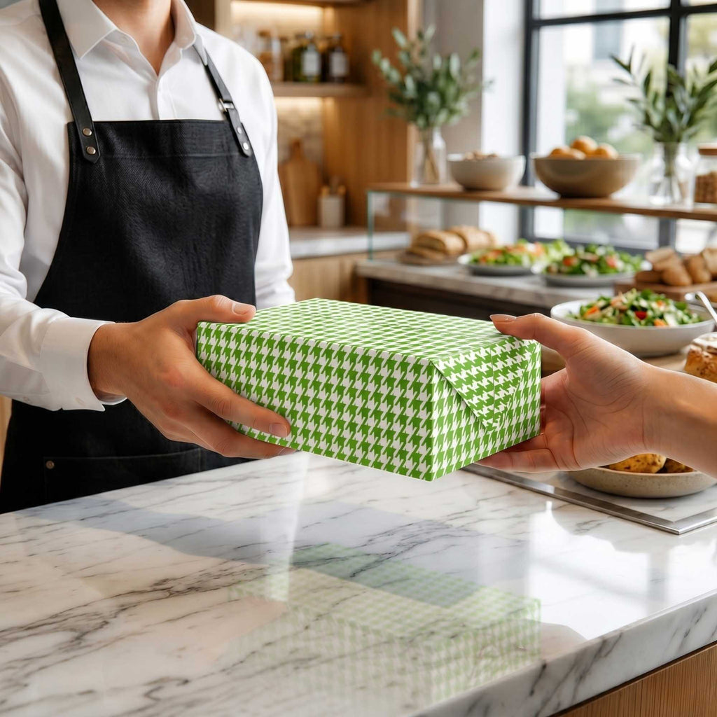 Bio Tek 47 oz Green Houndstooth Paper Lunch / Chicken Box - with Fast Top - 7" x 4 1/2" x 2 3/4" - 400 count box
