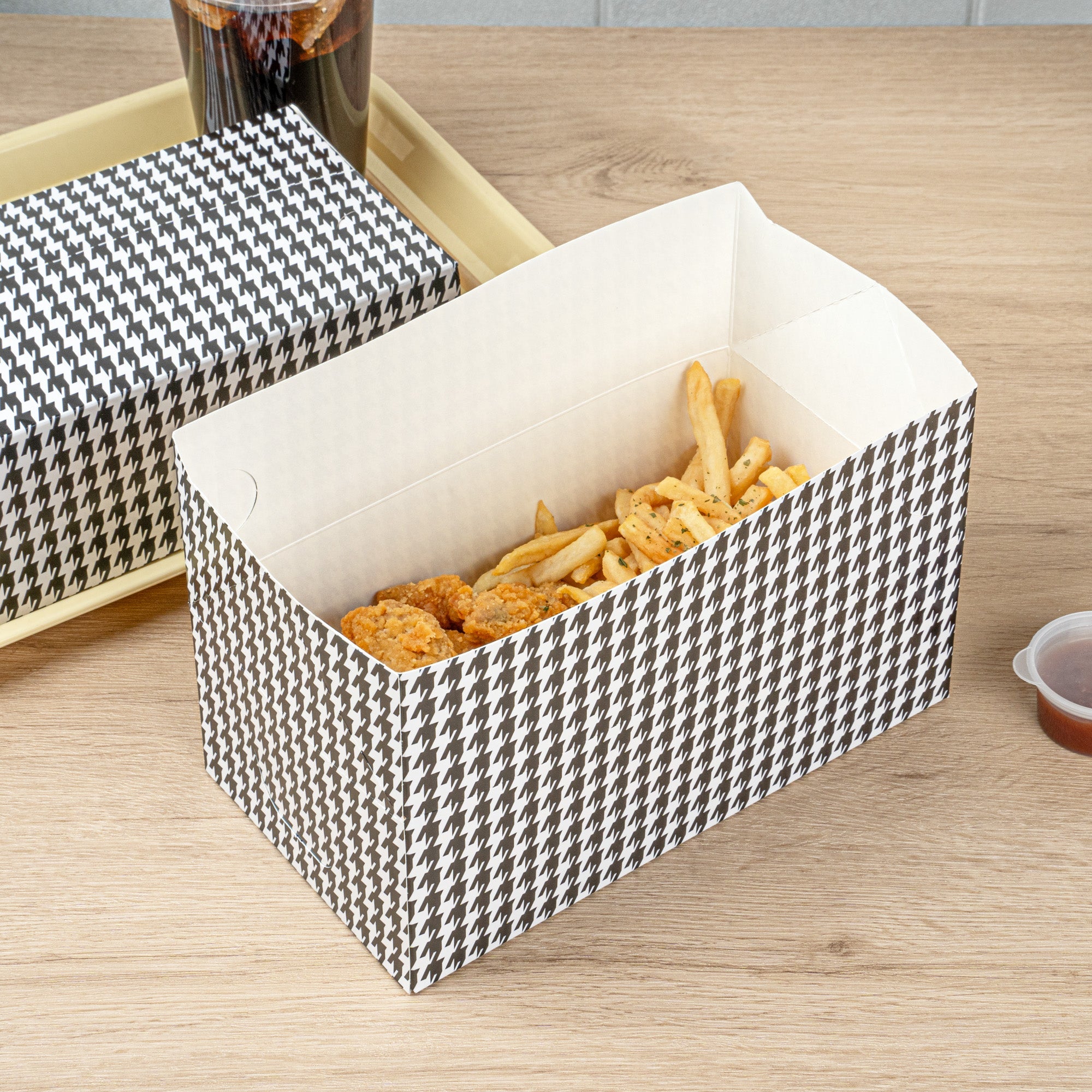 Bio Tek 71 oz Black Houndstooth Paper Lunch / Chicken Box - with Fast Top - 8 3/4" x 5" x 3" - 400 count box