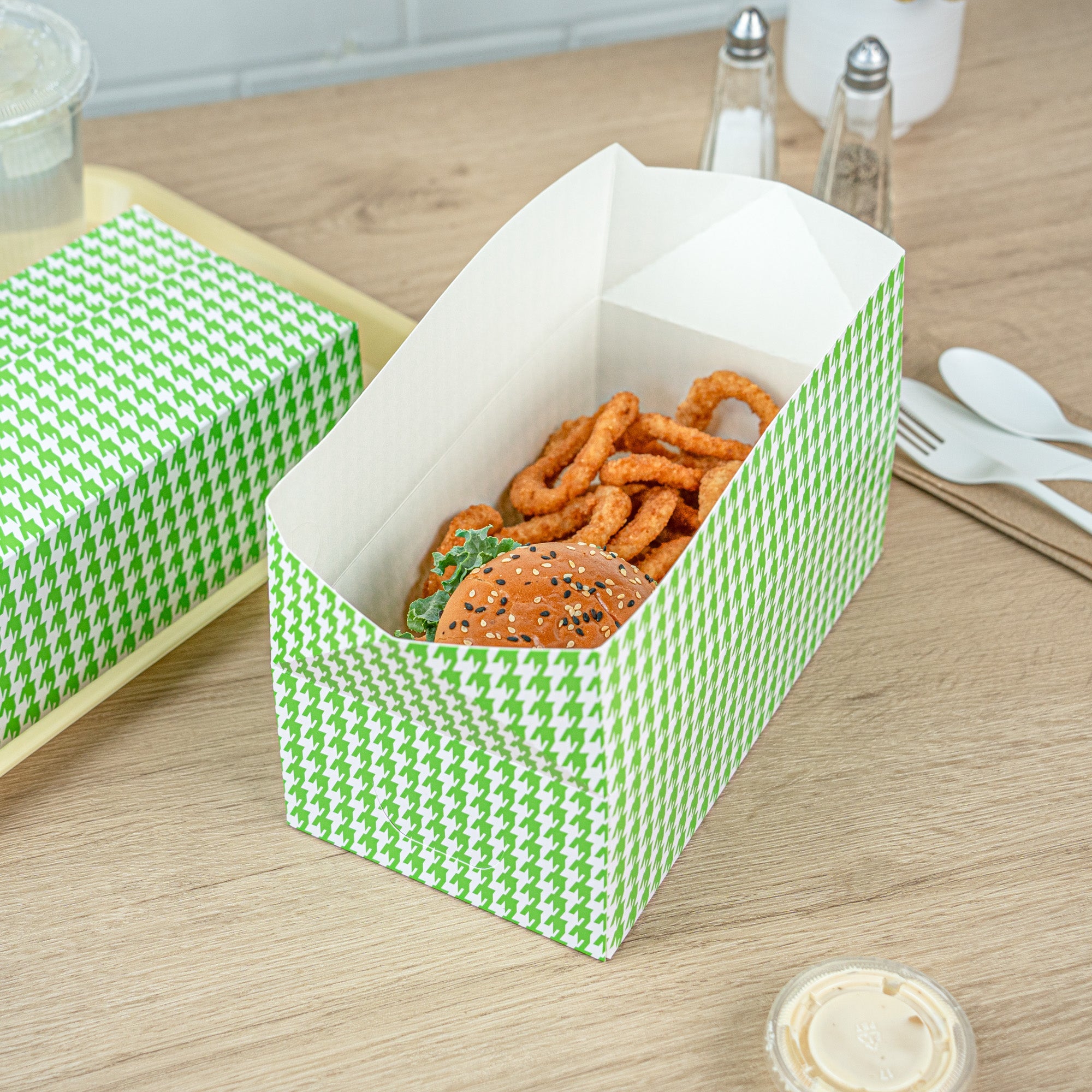 Bio Tek 71 oz Green Houndstooth Paper Lunch / Chicken Box - with Fast Top - 8 3/4" x 5" x 3" - 100 count box