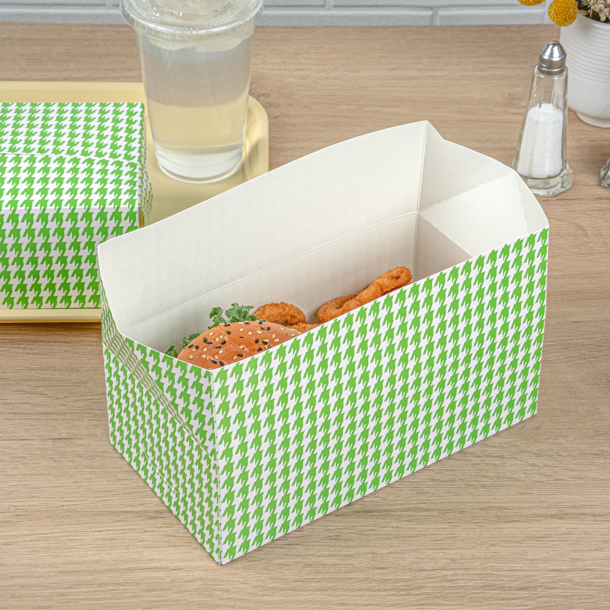 Bio Tek 71 oz Green Houndstooth Paper Lunch / Chicken Box - with Fast Top - 8 3/4" x 5" x 3" - 100 count box