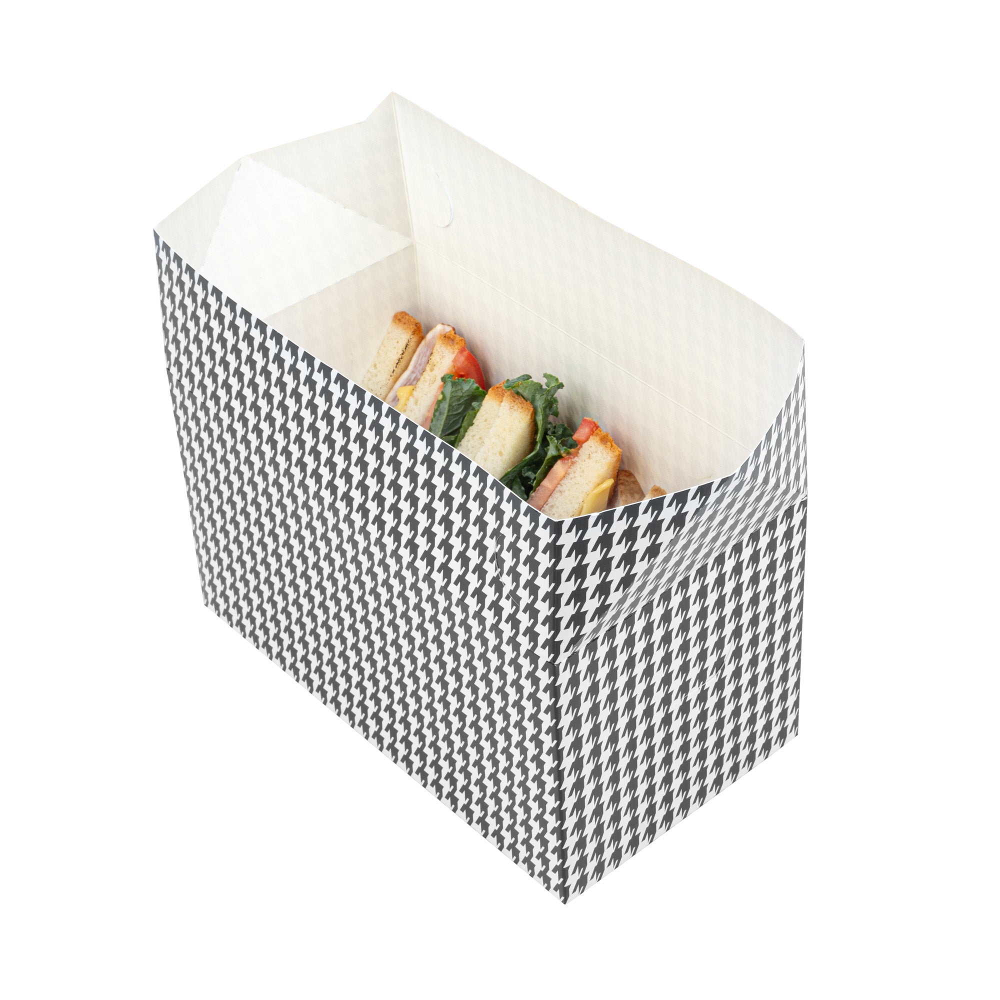 Bio Tek 80 oz Black Houndstooth Paper Lunch / Chicken Box - with Fast Top - 9" x 5" x 5" - 100 count box