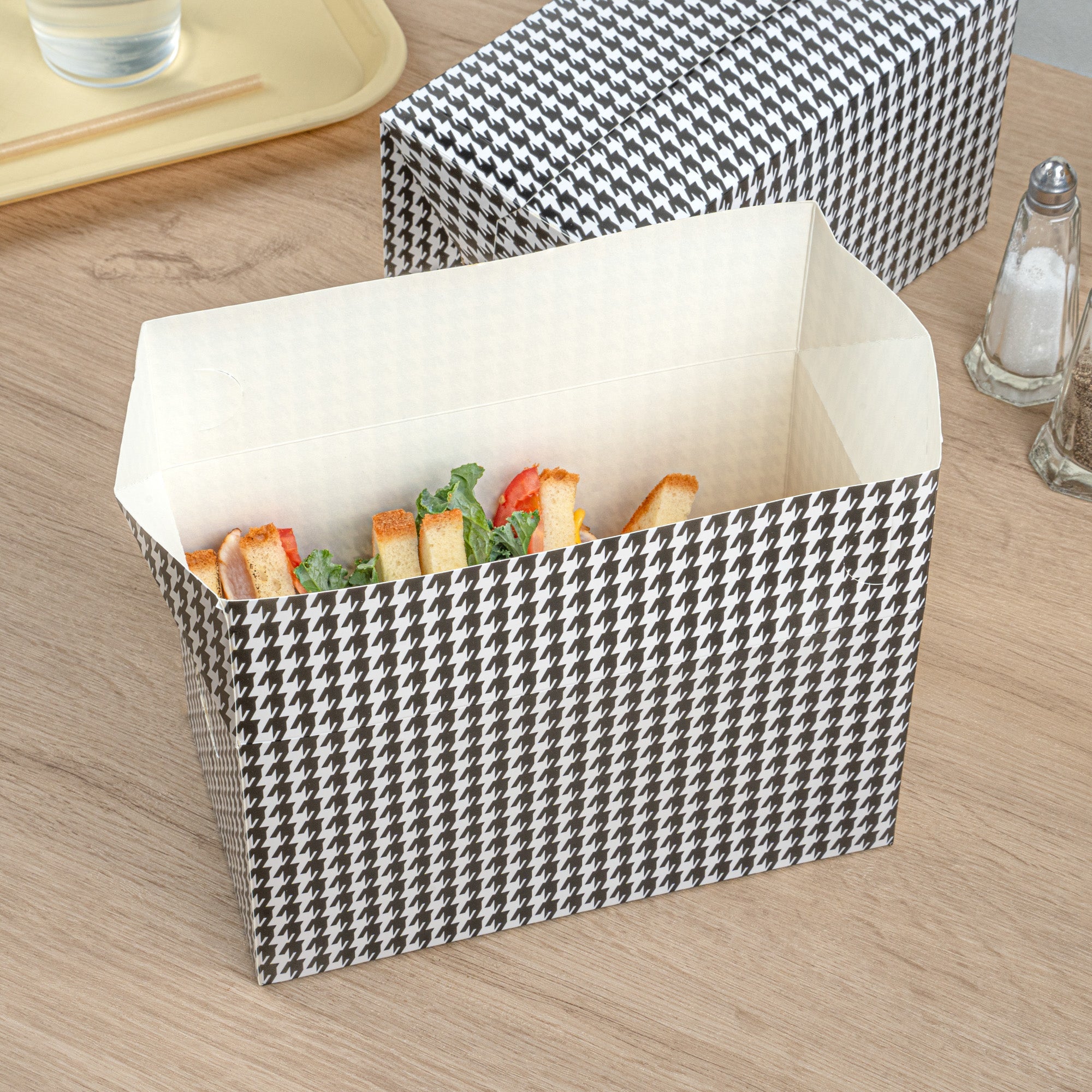 Bio Tek 80 oz Black Houndstooth Paper Lunch / Chicken Box - with Fast Top - 9" x 5" x 5" - 100 count box