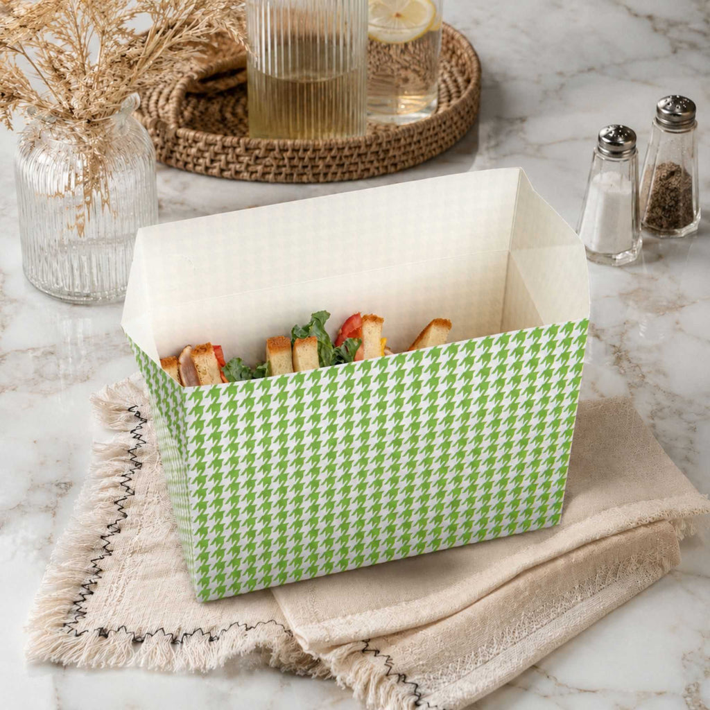 Bio Tek 80 oz Green Houndstooth Paper Lunch / Chicken Box - with Fast Top - 9" x 5" x 5" - 400 count box