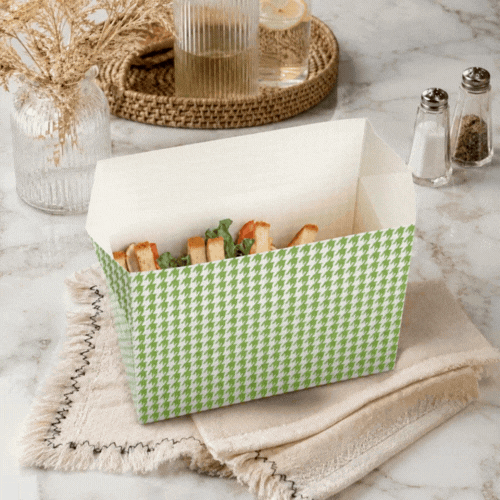 Bio Tek 80 oz Green Houndstooth Paper Lunch / Chicken Box - with Fast Top - 9" x 5" x 5" - 400 count box