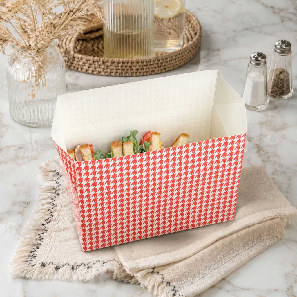 Bio Tek 80 oz Red Houndstooth Paper Lunch / Chicken Box - with Fast Top - 9" x 5" x 5" - 400 count box