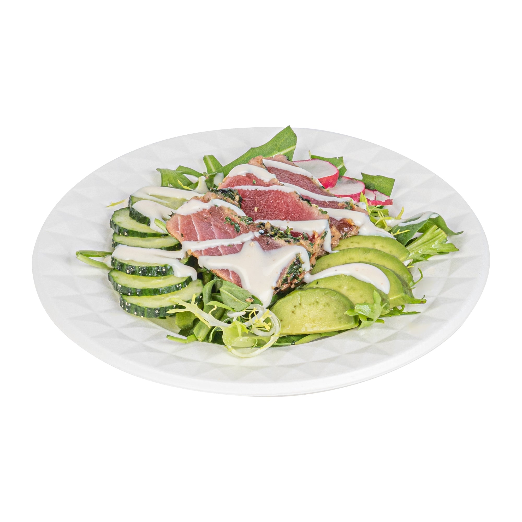 Pulp Safe No PFAS Added Round White Sugarcane / Bagasse Plate - Home Compostable, with Diamond Rim - 7" x 7" x 1/2" - 25 count box