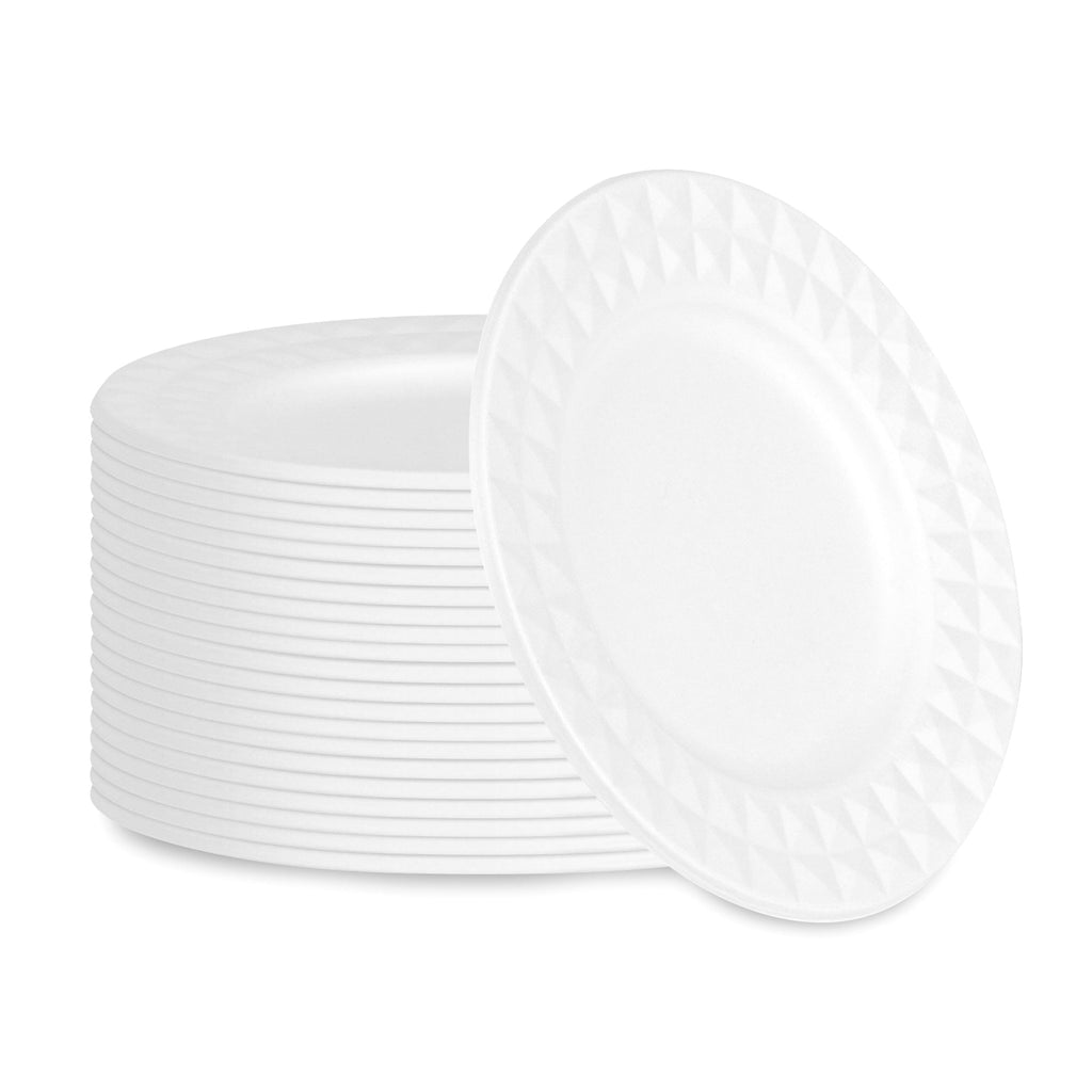 Pulp Safe No PFAS Added Round White Sugarcane / Bagasse Plate - Home Compostable, with Diamond Rim - 7" x 7" x 1/2" - 25 count box